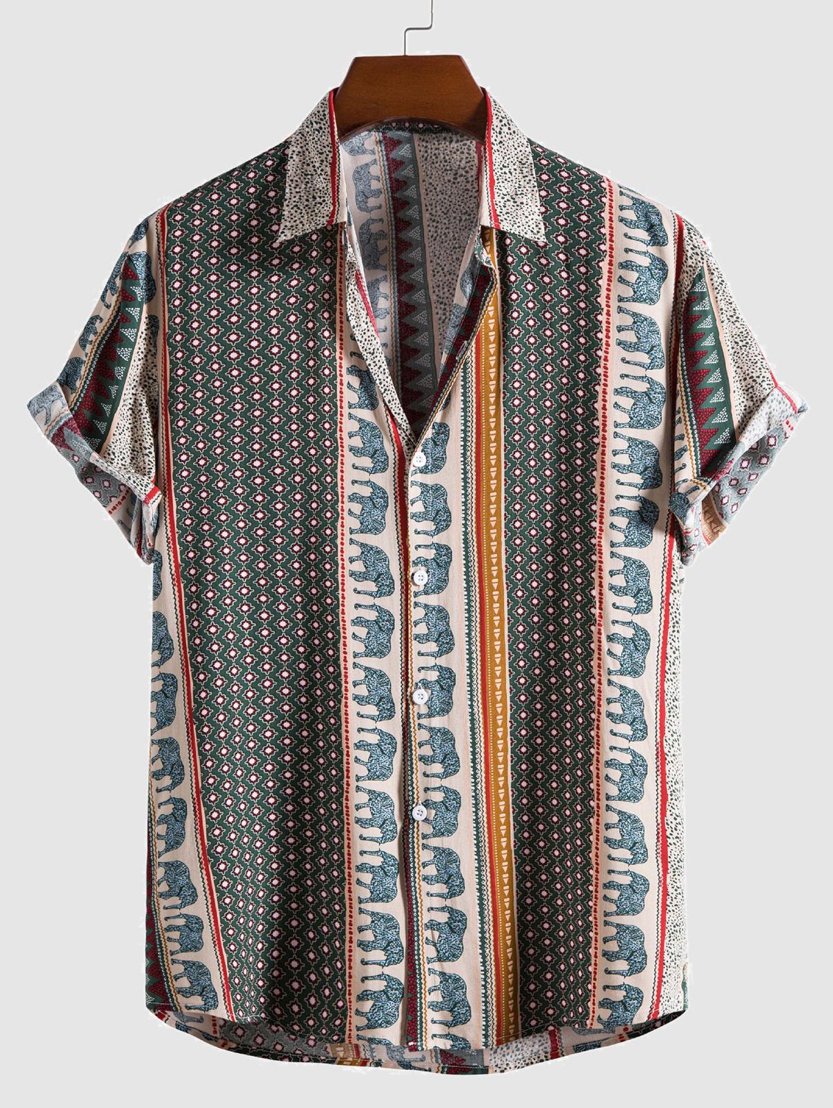 ZAFUL Men's Tribal Ethnic Style Elephants Printed Short Sleeves Shirt Xl Deep green