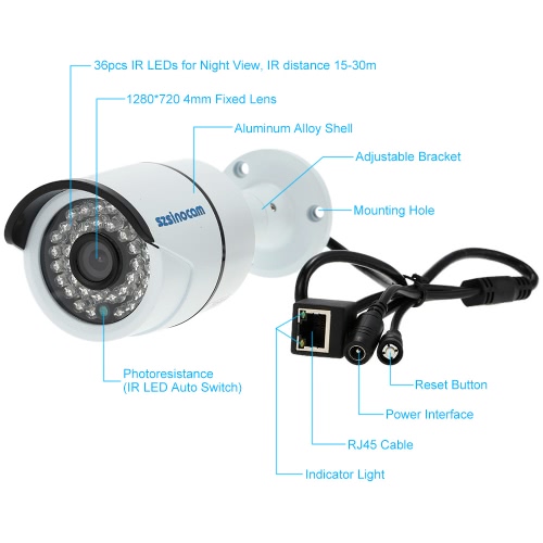 szsinocam HD Megapixels 720P Wireless Wifi Camera + 8G TF Card CCTV Surveillance Security P2P Network IP Cloud Indoor Outdoor Bullet Camera support Onvif2.4 Weatherproof IR-CUT Night View Motion Detection Email Alert Android/iOS APP Free CMS 36IR LEDs