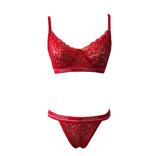 New Sexy Women Lingerie Set Semi-Sheer Lace Letter Printed Bra Thong Two Piece Sleepwear Underwear Suit