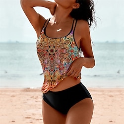 Women's Swimwear Tankini 2 Piece Normal Swimsuit 2 Piece Printing Graphic Yellow Pink Red Tank Top Bathing Suits Sports Beach Wear Summer Lightinthebox