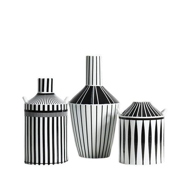 Party Favor Modern Classic Black And White Ceramic Vase Small Caliber Flower Arrangement Simple Porcelain Crafts Living Room Decoration