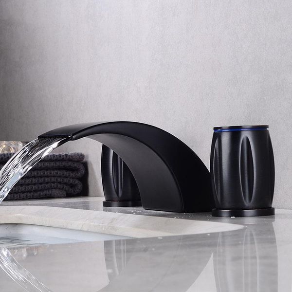 Bathroom Sink Faucets Black Basin Mixer Faucet 3 Holes Double Handle Waterfall Tap Gold Brass Bathtub