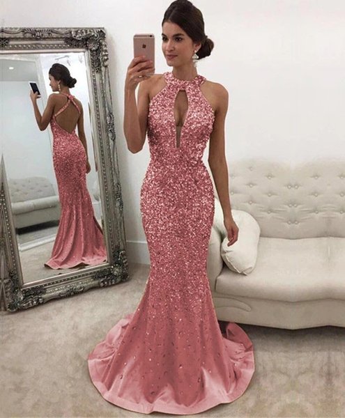 2021 New Pink Evening Dresses Jewel Neck Sequined Lace Long Backless Mermaid Prom Dress Sweep Train Custom Illusion Robes De Soirée