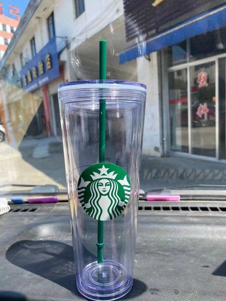 starbucks mugs 24oz 710ml plastic cups reusable doublelayer transparent coffee flat straw column cover bdian cup milk teacupQZ96