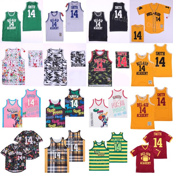 Movie Film The Fresh Prince of Bel-Air 14 Will Smith Basketball Jersey ANNIVERSARY BELAIR GRAFFITI All Stitched Hip Hop For Sport Fans Black White Yellow Pink Green