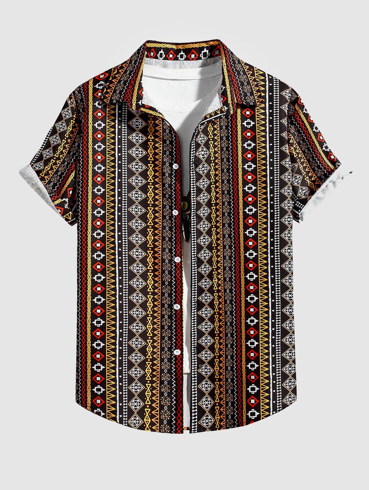 ZAFUL Men's Tribal Geo Dotted Striped Printed Button Up Shirt S Deep yellow