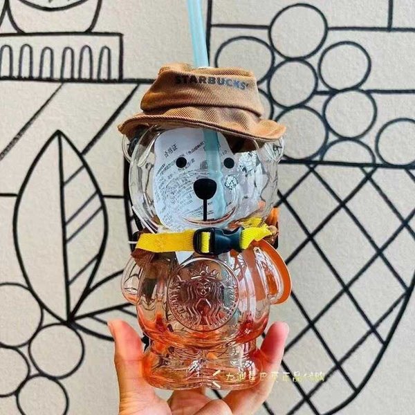 2021 Starbucks Limited Edition Mugs 420ML Summer Camping Bear Glass Straw CupJ87J