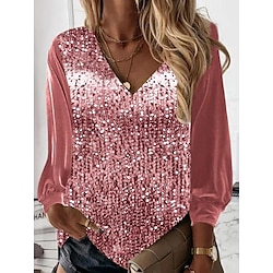 Women's Blouse Shirt Silvery Green Blue Plain Sequins Long Sleeve Casual Basic V Neck Regular S miniinthebox