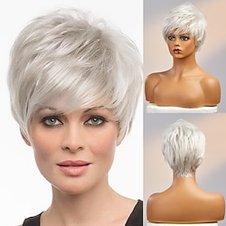 Human Hair Blend Wig Short Natural Wave Natural Straight Pixie Cut Side Part Layered Haircut Asymmetrical White Dark Gray Cosplay Curler  straightener Natural Hairline Capless Burmese Hair Women's Lightinthebox
