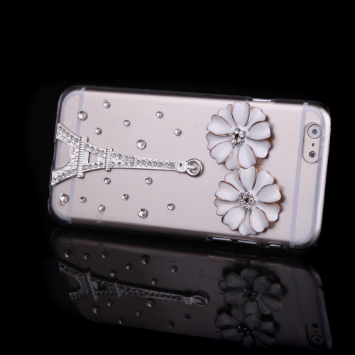 Luxury Clear Transparent Crystal Bling Rhinestone Diamond Silver Flower Eiffel Tower Case Hard Back Cover Protective Shell for Apple iPhone 6