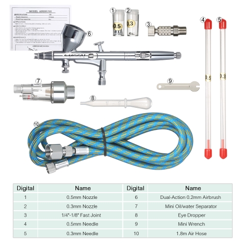 KKmoon Professional Dual Action Gravity Feed Airbrush Kit with 1.8m Hose 0.2mm/0.3mm/0.5mm Needle 9cc Cup Air Brush for Art Painting Body Paint Manicure Spray Gun Temporary Tattoo Makeup Photo Retouching