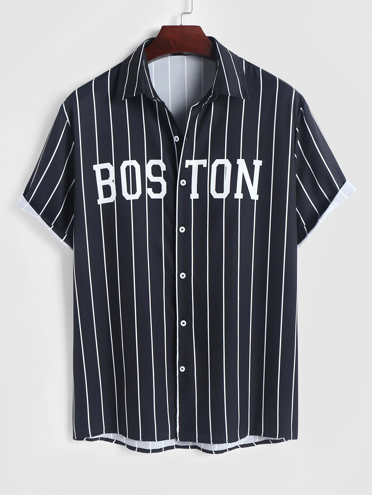 ZAFUL Men's Pinstriped BOSTON Print Short Sleeve Shirt M Black
