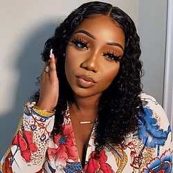 Human Hair 13x4 Lace Front Wig Free Part Brazilian Hair Water Wave Black Wig 130% Density with Baby Hair Glueless Pre-Plucked For wigs for black women Medium Length Human Hair Lace Wig Lightinthebox