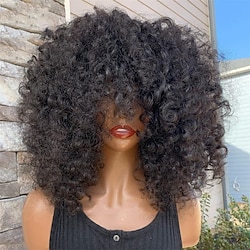 Remy Human Hair Wig Curly With Bangs Natural Black Capless Brazilian Hair Women's Natural Black #1B 8 inch 10 inch 12 inch Party / Evening Daily Wear Vacation Lightinthebox