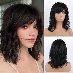 Remy Human Hair Wig Long Natural Wave Side Part Layered Haircut Asymmetrical With Bangs Black Women Fashion Natural Hairline Capless Women's All Natural Black #1B 16 inch Lightinthebox