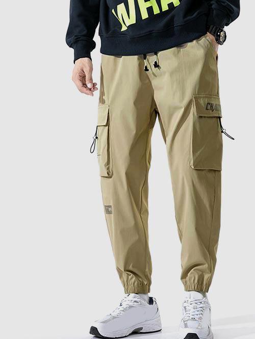 ZAFUL Men's Letter Printed Large Pockets Design Cargo Pants M Beige