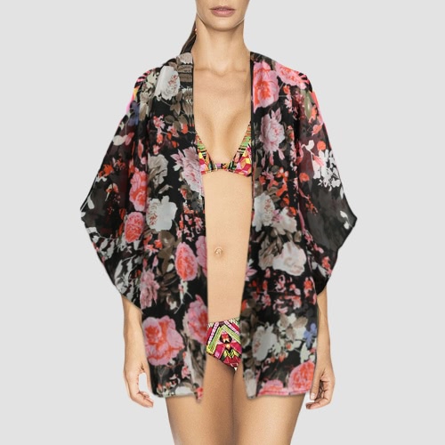New Women Chiffon Loose Cardigan Open Front Floral Print Half Sleeves Thin Vintage Casual Outerwear Black