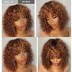 Remy Human Hair Wig Medium Length Kinky Curly With Bangs Black Light Brown Machine Made Vietnamese Hair Women's Black / Dark Auburn Black 10 inch 12 inch 14 inch Daily Wear Valentine's Day Birthday Lightinthebox