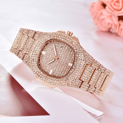 Hombres Reloj de cuarzo de negocios Relojes completos de lujo con diamantes Calendario de moda Banda de aleación Reloj de pulsera