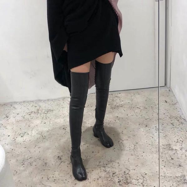 Boots Long Tabi For Women Arrival Stretch Black Leather Over The Knee Med Heels Fashion Ladies Autumn Winter