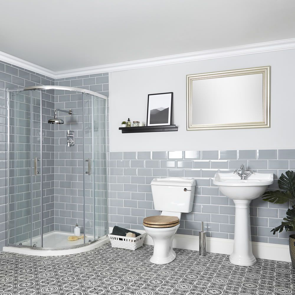 Conjunto de Ducha Tradicional Completo con Mampara de Ducha Angular, Inodoro Monobloque y Lavabo con Pedestal  - Ryther