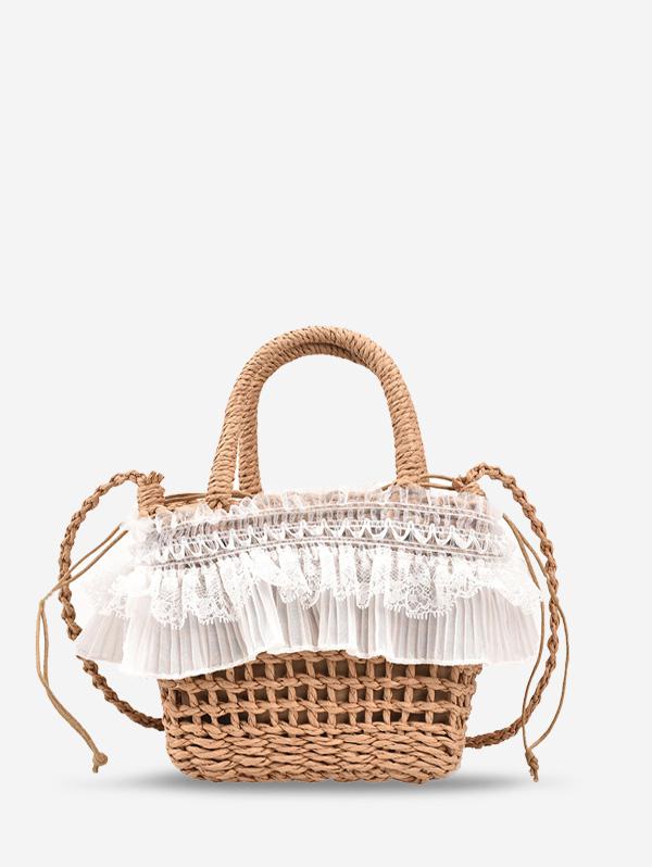 ZAFUL Lace Ruffle Straw Raffia Crossbody Bucket Bag