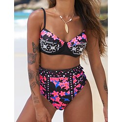 Women's Swimwear Bikini Normal Swimsuit 2 Piece Printing Floral Black Bathing Suits Sports Summer miniinthebox