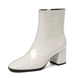 Women's Boots Heel Boots Daily Booties Ankle Boots Winter Block Heel Round Toe Minimalism Faux Leather Patent Leather Zipper Solid Color Solid Colored Black White Lightinthebox