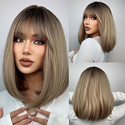 Synthetic Wig Natural Straight With Bangs Wig 16 inch Ombre Brown Synthetic Hair Women's Natural Fashion Fluffy Brown Lightinthebox