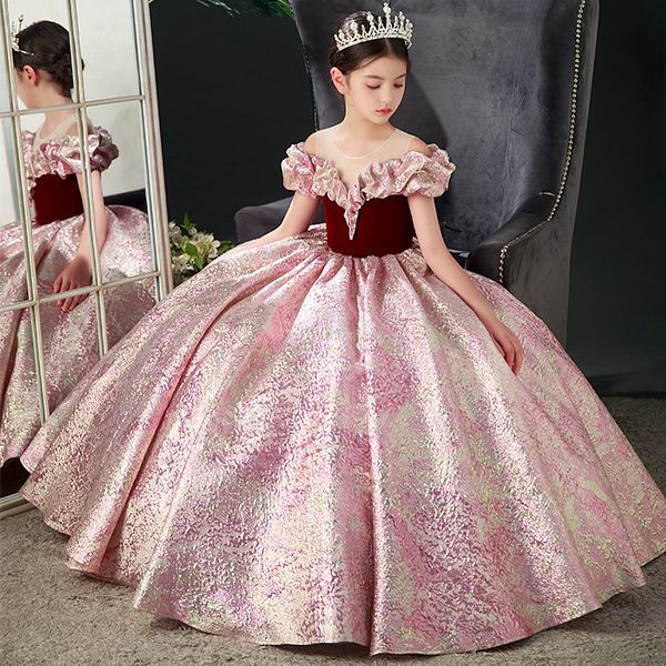 Cute Pink Lace Flower Girl Dress Bows Children's First Communion Dress Princess Formal Tulle Kids Ball Gown Wedding Party Pageant gowns
