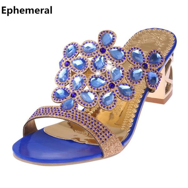 Women Shoes Rhinestones Peep Toe Sandals High Heels Summer 2021 Slides Black Green Gold Plus Size 41 39 Fashion Style Slippers