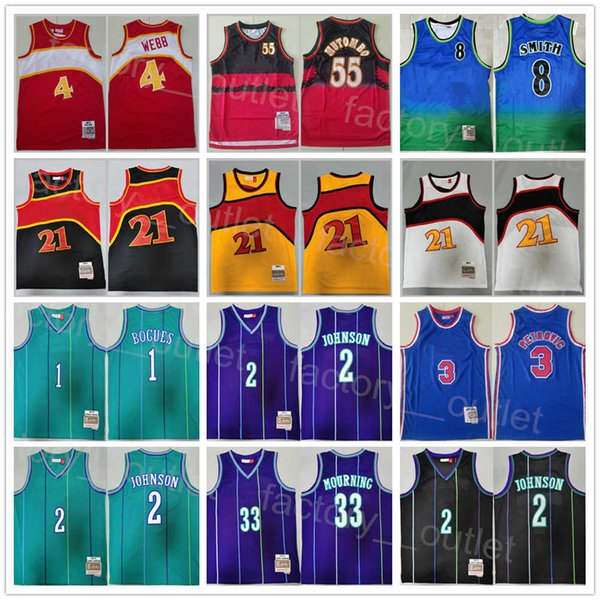 Men Basketball Mitchell & Ness Drazen Petrovic Jersey 3 Retro Steve Smith 8 Dikembe Mutombo 55 Spud Webb 4 Alonzo Mourning 33 Larry Johnson 2 Tyrone Muggsy Bogues 1