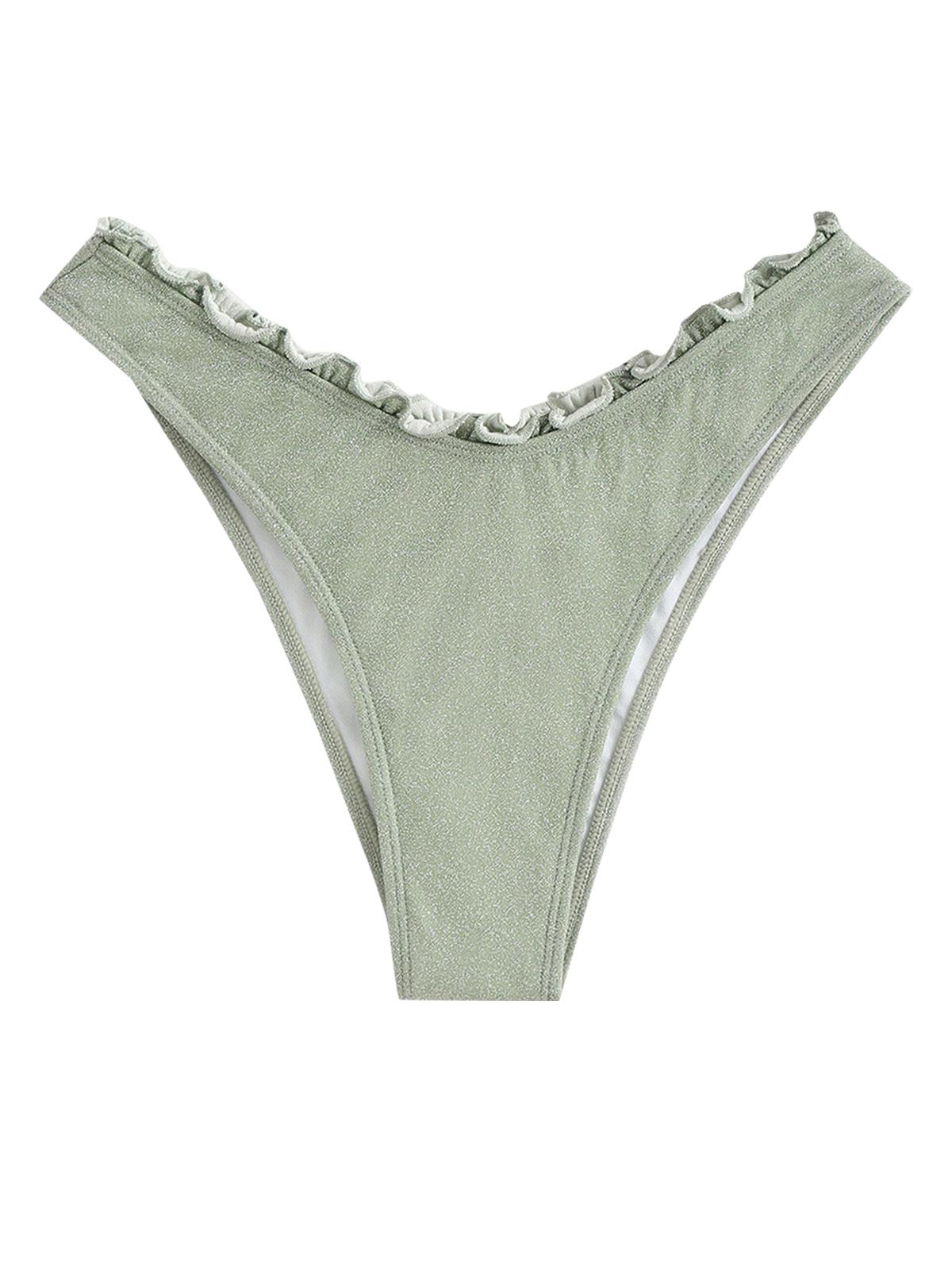 ZAFUL Glitter Lurex Lettuce Hem High Leg Cheeky Bikini Bottoms L Light green