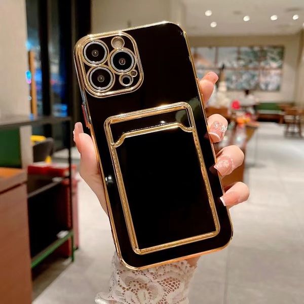 Bling Card Pocket Cases For Iphone 14 Plus Pro Max 13 12 11 XR XS X 8 7 Soft TPU Luxury Chromed Plating Credit ID Slot Fine Hole Camera Lens Protectors Phone Back Cover