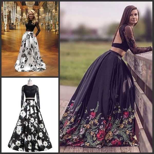 Two Piece Prom Dresses Floral Print Crop Top Long Sleeve Evening Dress Lace 2 Piece 8th Grade Graduation Celebrity Dresses
