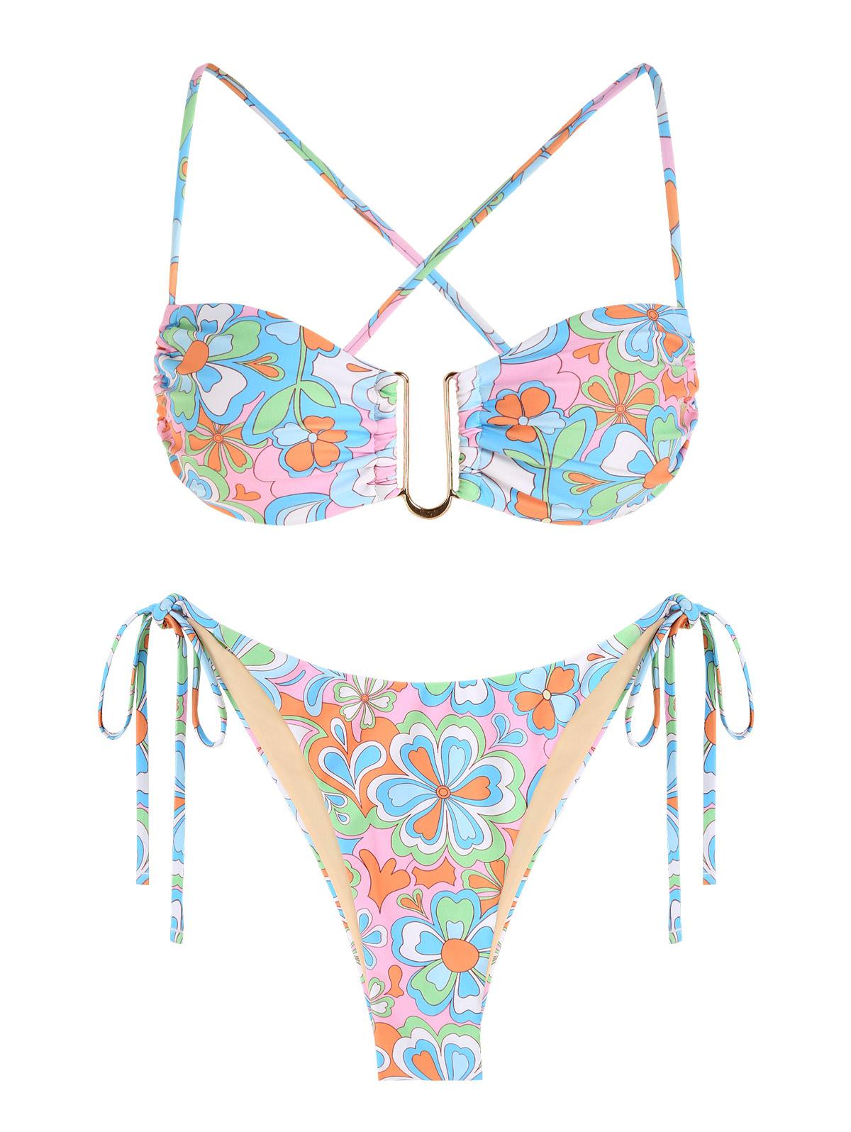 ZAFUL Tie Side Floral Criss Cross U-wire Metal Hardware Bikini Swimwear Xs Multi a