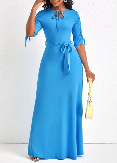 Light Blue Drawstring Belted Half Sleeve Dress