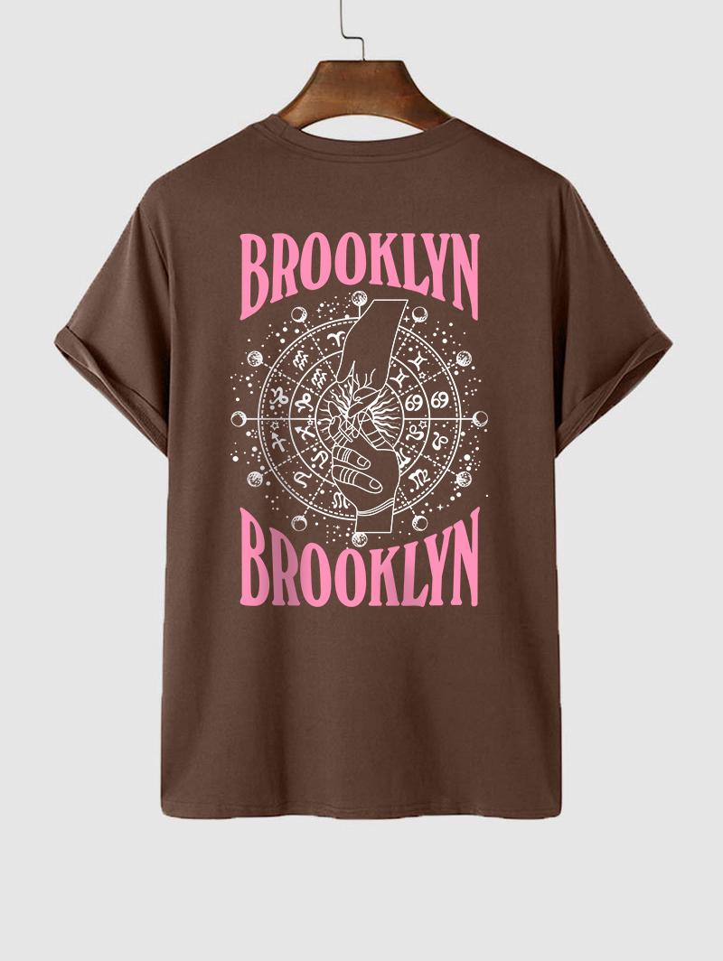 ZAFUL Men's BROOKLYN Gesture Horoscope Graphic Printed Short Sleeve T-shirt L Deep coffee