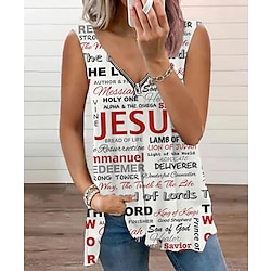 Women's Tank Top Black White Letter Quarter Zip Print Sleeveless Casual Weekend Basic V Neck Regular S miniinthebox