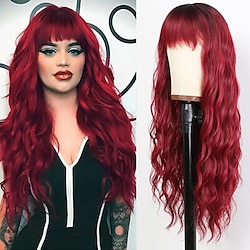 Burgundy Red Long Wavy Wigs for Black Women Glueless Wine Red Body Wave Synthetic Wig Heat Resistant Fiber Hair Wig with Bangs Natural Curly Ombre Burgundy Colorful Fashion Wig ChristmasPartyWigs Lightinthebox