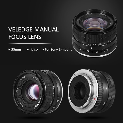 VELEDGE 35 mm F / 1.2 Súper alta resolución Gran apertura Cámara estándar Lente principal Ligero MF Lente de enfoque manual 0.3 m Distancia focal más cercana para Sony Cámaras sin espejo con montura E para Sony A7III A9 NEX 3 3N 5 NEX 5T NEX 5R NEX 6 7 A5
