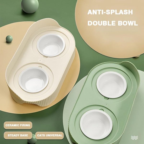 Cat Bowls & Feeders Non-Slip Ceramic Double Bowl Dog With Stand Kitten Feeder Food Pet Accessories Supplies Cuenco Gato