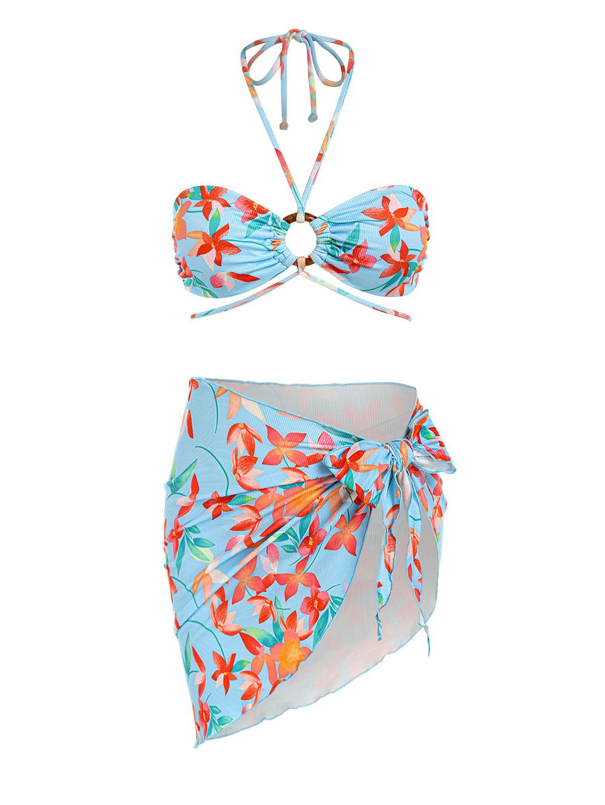 Women Three-Pieces ZAFUL Floral Ribbed Floss Bikini with Sarong Skirt Set S Light blue
