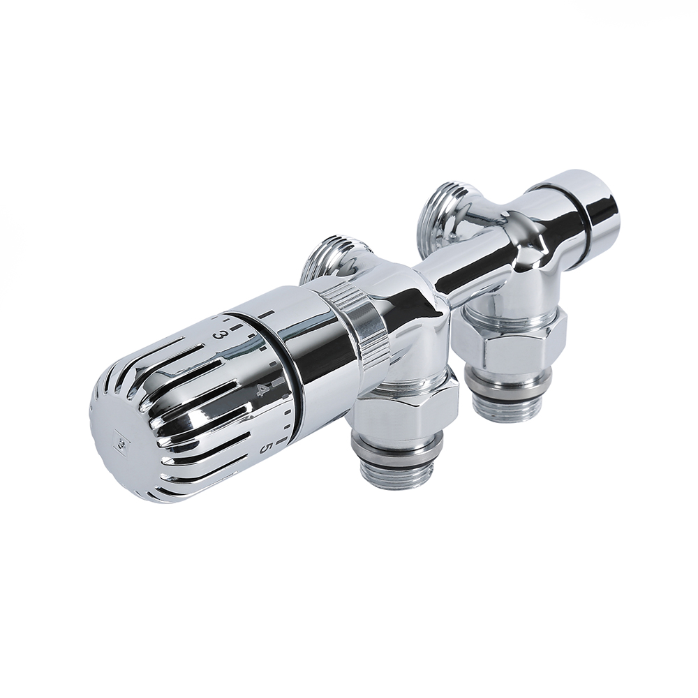 Par de Llaves Angulares Termostáticas Cromadas para Radiador con Adaptador y Conexión Central - Multicapa 16mm