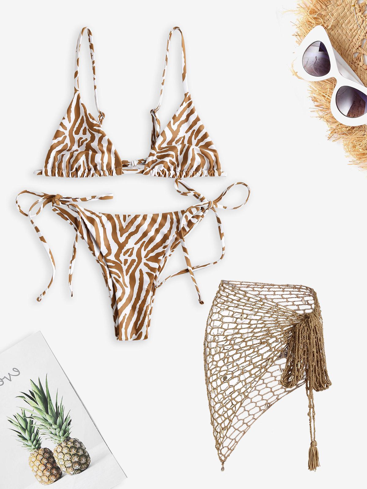 Women Three-Pieces Zebra Bralette String Bikini with Shell Embellished Openwork Crochet Cover Up Skirt Light coffee