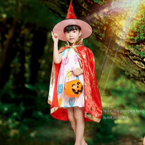 Kids Witch Wizard Cloak Hat Set Shinng Stars Pattern Halloween Role Play Cape Robe Costume for Boys Girls Blue