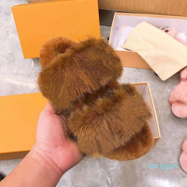 Designer- women mink slippers warm cotton slippers fashion ladies Flat Mink fur Slipper shoes size 35-40