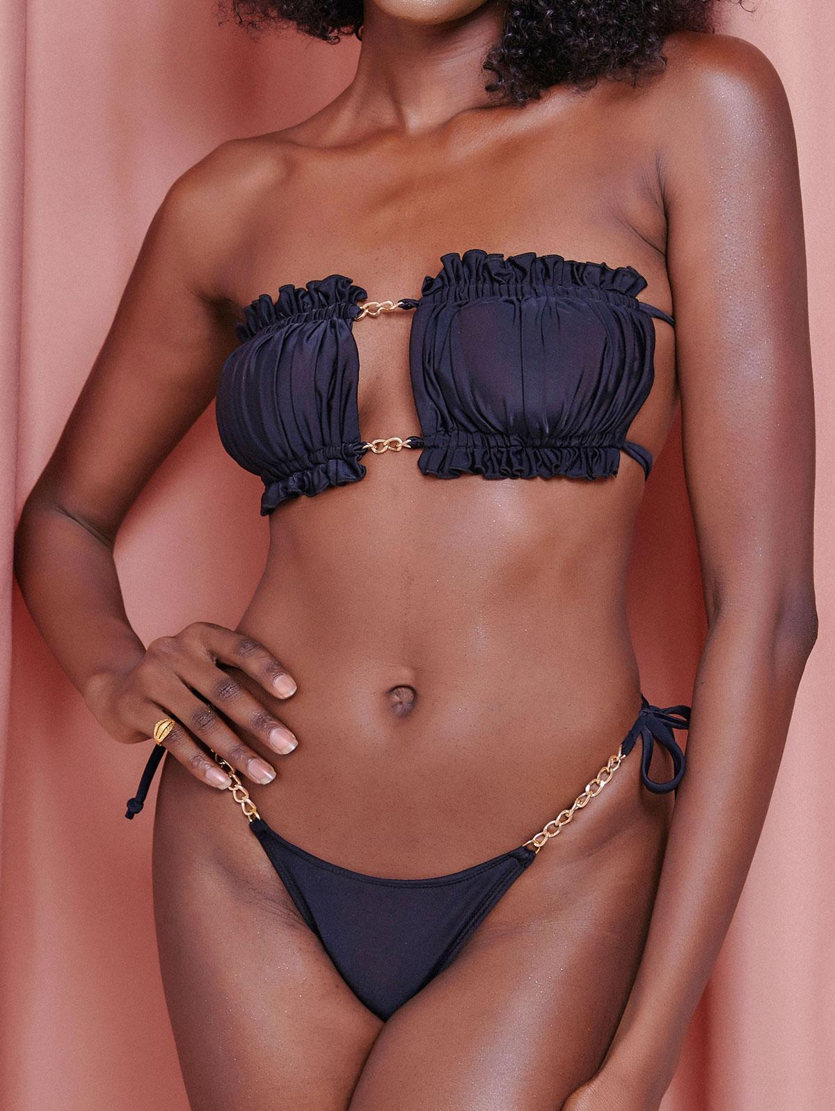 ZAFUL Frilled Ruched Chain Tie Tube Bikini Swimwear M Black