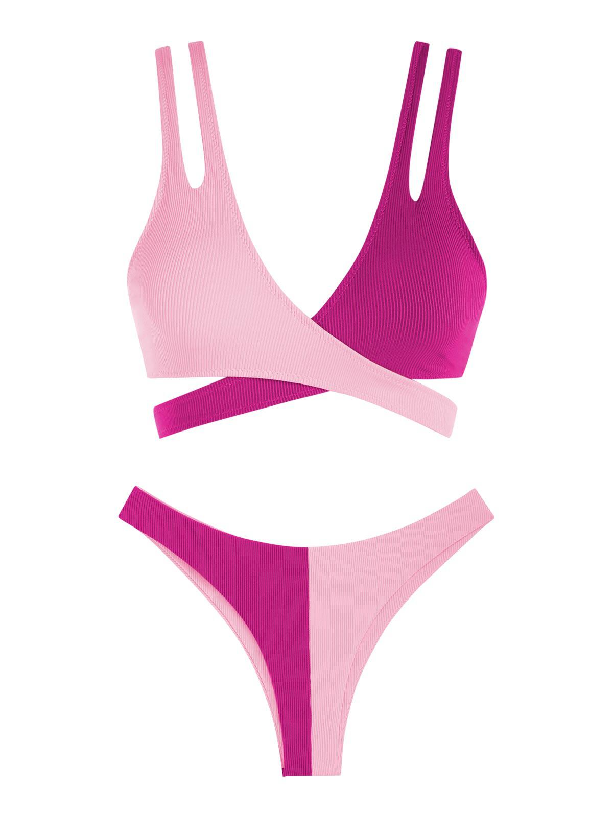 ZAFUL Wrap Criss Cross Ribbed Two Tone Bikini Swimwear S Light pink