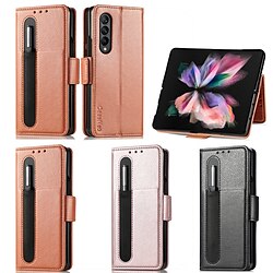 Phone Case For Samsung Galaxy Wallet Card Z Fold 3 Z Fold 4 Pencil Holder Support Wireless Charging Card Holder Slots Solid Colored PC PU Leather miniinthebox